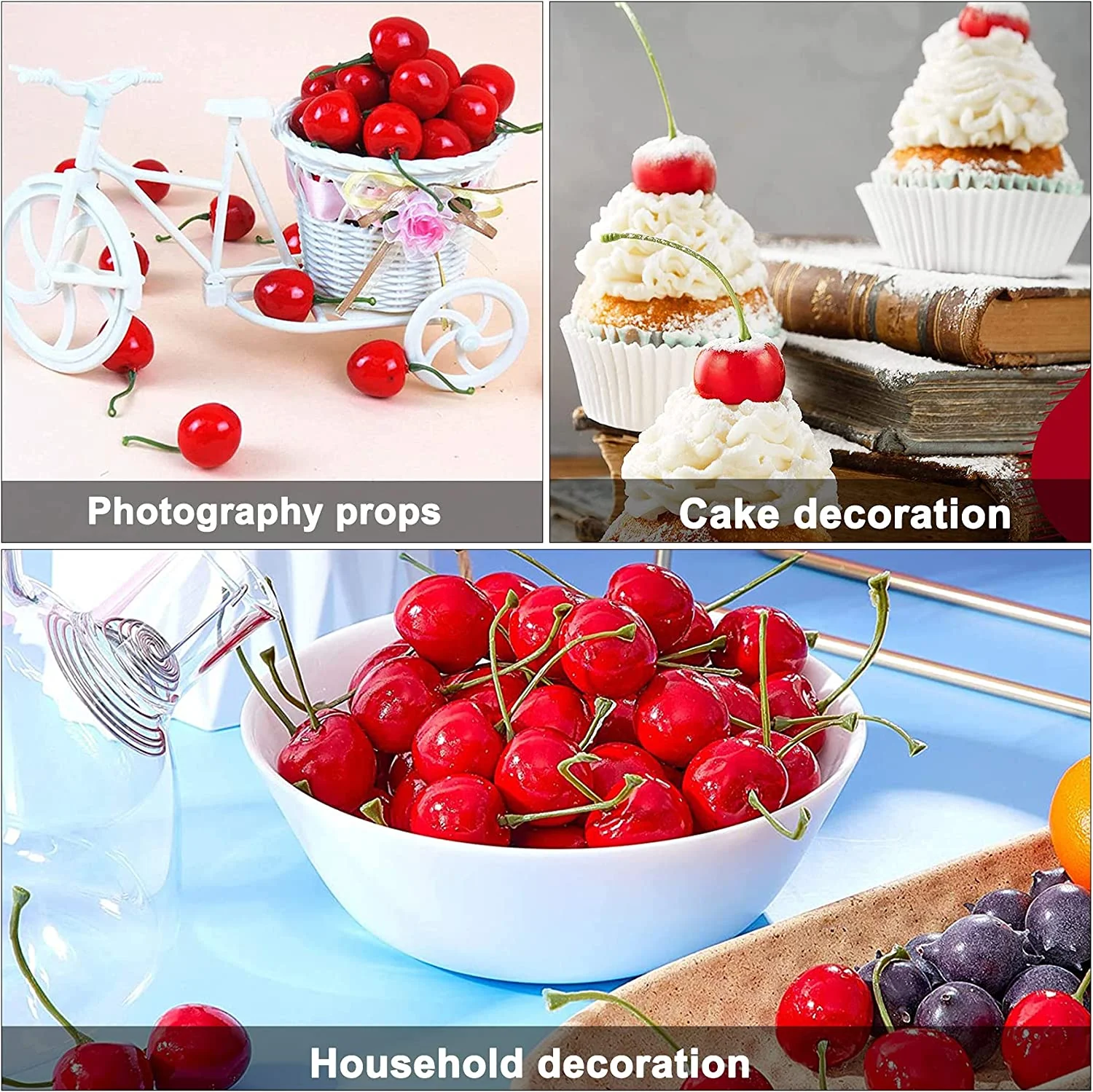 Lot De 20 Cerises Décoratives Artificielles - Noires Et Rouges, Résistantes à La Décoloration