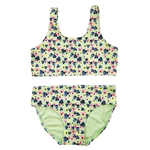 Unique Floral Print Front Logo Spandex/Nylon Cute Girls' Two Piece Quick Dry Bikini Swimwear Set