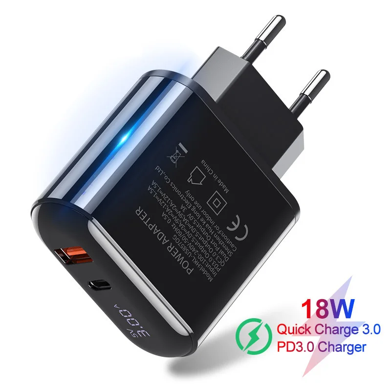 18W USB Charger QC PD Fast Charging LED Display Type C Charger for  iPhone Samsung S10 Huawei Xiaomi Phone Charge Adaptor