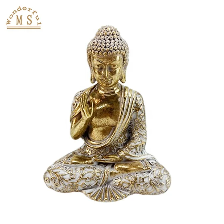 Gold Buddha Sculpture Zen Garden Set with Lotus Tea Candle Holder and Rectangle resin Display Tray for Home and Living Room Dec