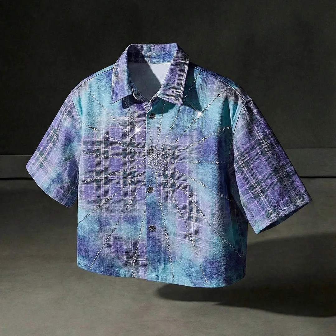 Producent niestandardowych koszulek z kryształkami i koralikami, modne koszulki w kratę z krótkimi rękawami dla mężczyzn, w stylu vintage, z efektem tie-dye, do streetwearu