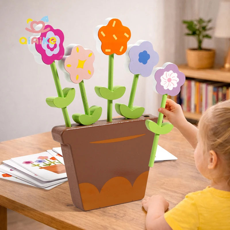 Permainan Susun Bunga dalam Pot Kayu, Mainan Montessori untuk Mencocokkan Warna bagi Bayi dan Balita, Mainan Edukatif untuk Melatih Koordinasi Mata-Tangan