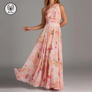 Abstract Watercolor Floral A-Line One Shoulder Chiffon Summer Dress Women Elegant Casual Bodycon Sexy Dresses