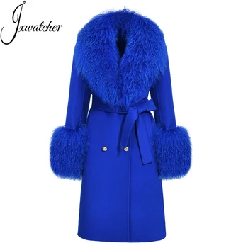 Wholesale Fall Elegant Ladies Big Real Mongolian Lamb Fur Collar Luxury Double Faced Cashmere Trench Custom Long Women Wool Coat