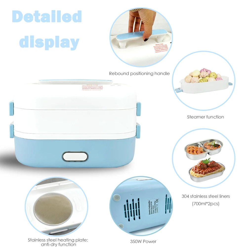 Double Layers 1400ml Fast Heating Cooking Electric Lunch Box 304 Stainless Steel Liners Cooing Box Mini Rice Cooker