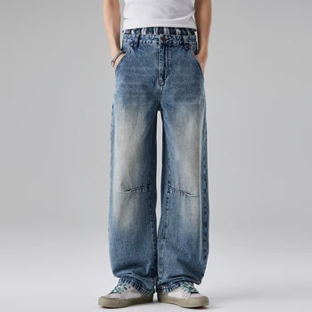 Wholesale Loose Fit Dark Blue Jeans Men Custom Pleated Effect Wide Leg Pants