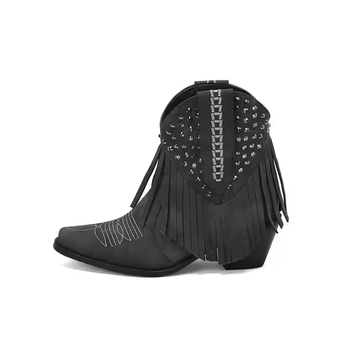 Big Size 48 Ladies Rivet Cowboy Boots Square Toe 6cm Heel Women Short Western Fringe Boots - Image 1