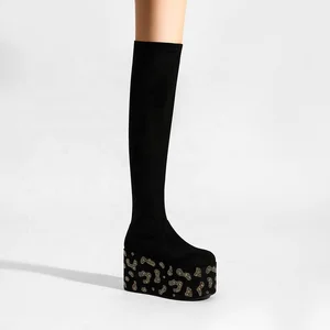 Leporad Custom Black Platform Wedge Thigh High Boots Rhinestones Comfortable Height Increasing Boots for Winter Western Style