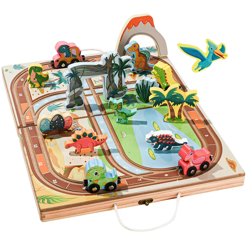 Tragbares, unterhaltsames Desktop-Spurbausatz-Spielzeug für Kinder, Dinosaurier-Verkehrsszenario, pädagogisches Holzeisenbahn-Set, Reisespielzeug für Kleinkinder