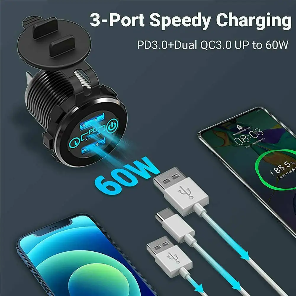 Car Usb Socket Touch Switch Dual Qc3.0 Usb Plus Pd Fast Charging Socket