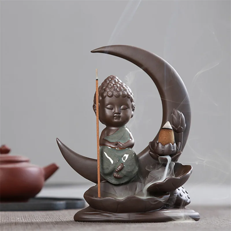 Ywbeyond Home Decor Buddha Incense Burner Little Monk Moon Lotus Smoke Waterfall Incense Burner Ceramic Incense Holde