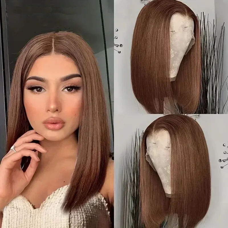 Echthaar Bob Perücke 13x4 Lace Frontal Braun Glatt Dichte_voghion.com