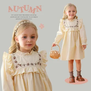 Wholesale Autumn Spring Kids Children Girls Floral Embroidery Square Collar Princess Ruffles Baby Dresses