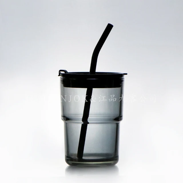 Custom logo 450ml glass cup coffee mug drinking tumbler travel milk cup with straw and lid