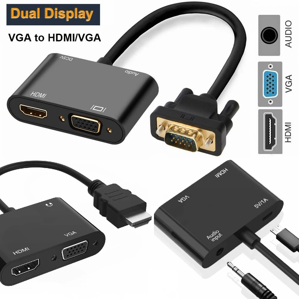 Adaptateur HDMI vers VGA HDMI, convertisseur HDMI vers double HDMI VGA  Splitter （ Affichage double en même temps Adaptateur VGA vers HDMI VGA avec