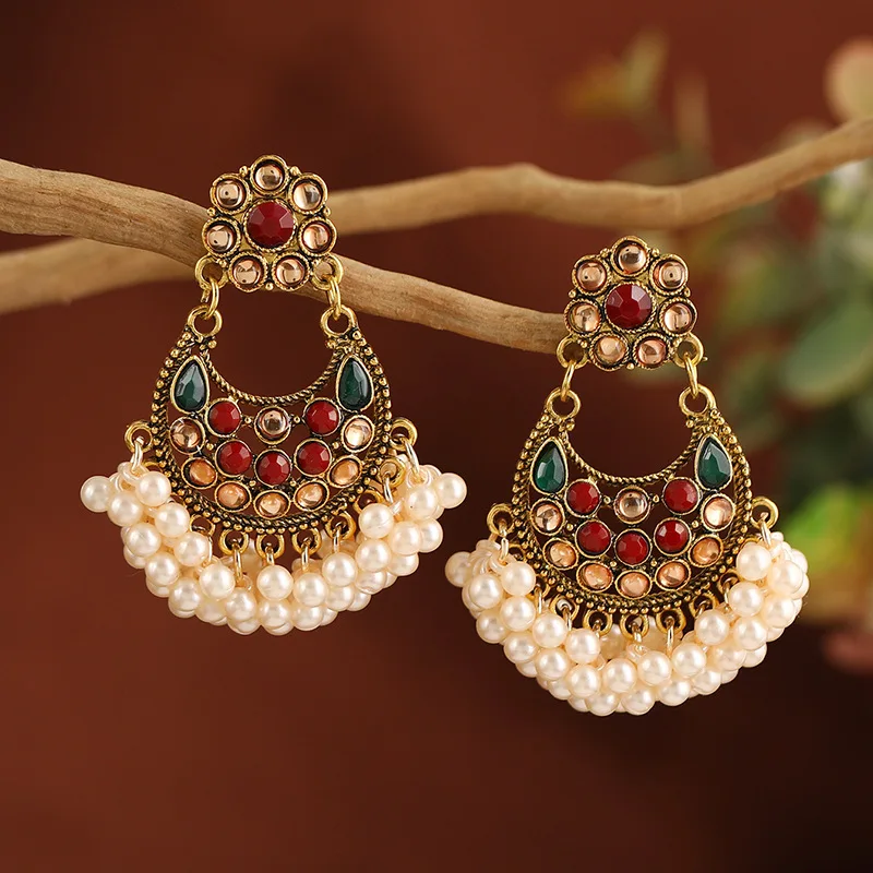 1pair Vintage Zinc Alloy Floral Pattern Detail Bead Tassel Jhumka Drop  Earrings For Women For Party | SHEIN