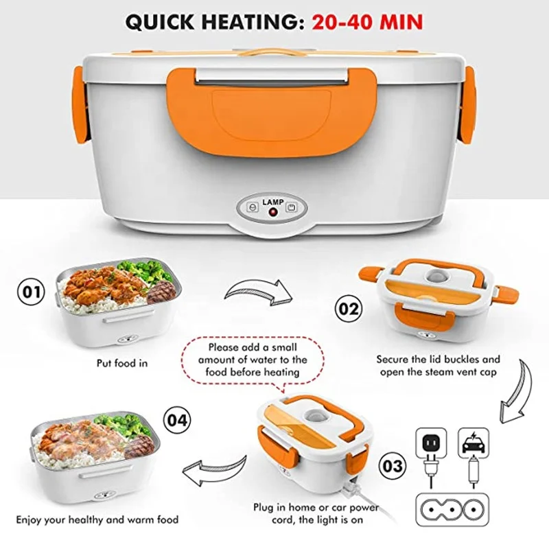 Portable Electric Fast Heated Removable Heating Food Heater Lunch Bento Box  Rice Container Office Home Multifunctional Food Warmer With Soup Bowl &  Spoon(EU/US Plug,Car Plug)