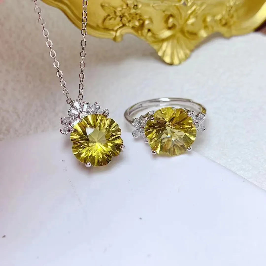 Fashion Arabic Original 925 Sterling Silver Natural Citrine Pendant  Necklace and Ring Set for Women - Main Image