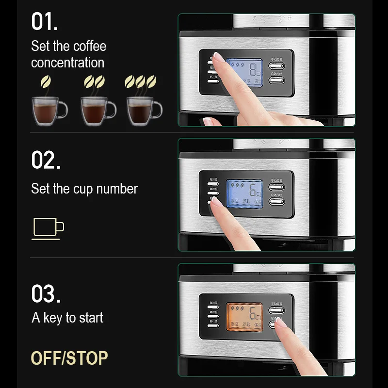 Digital Programmable Combo 2 in 1 Whole Bean to Cup Automatic Grind and Brew Electric Drip Coffee Maker with Grinder Machine