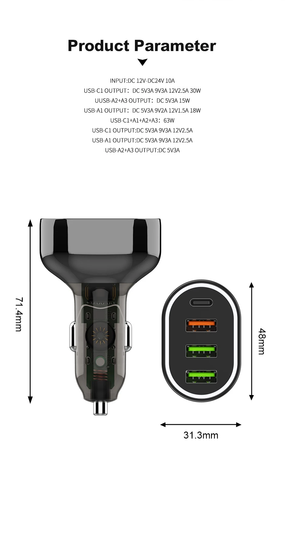 APPACS C68 车载充电器,带三个 USB-A 和一个 USB-C 接口,63W 快速充电,RoHS 和 CE 认证