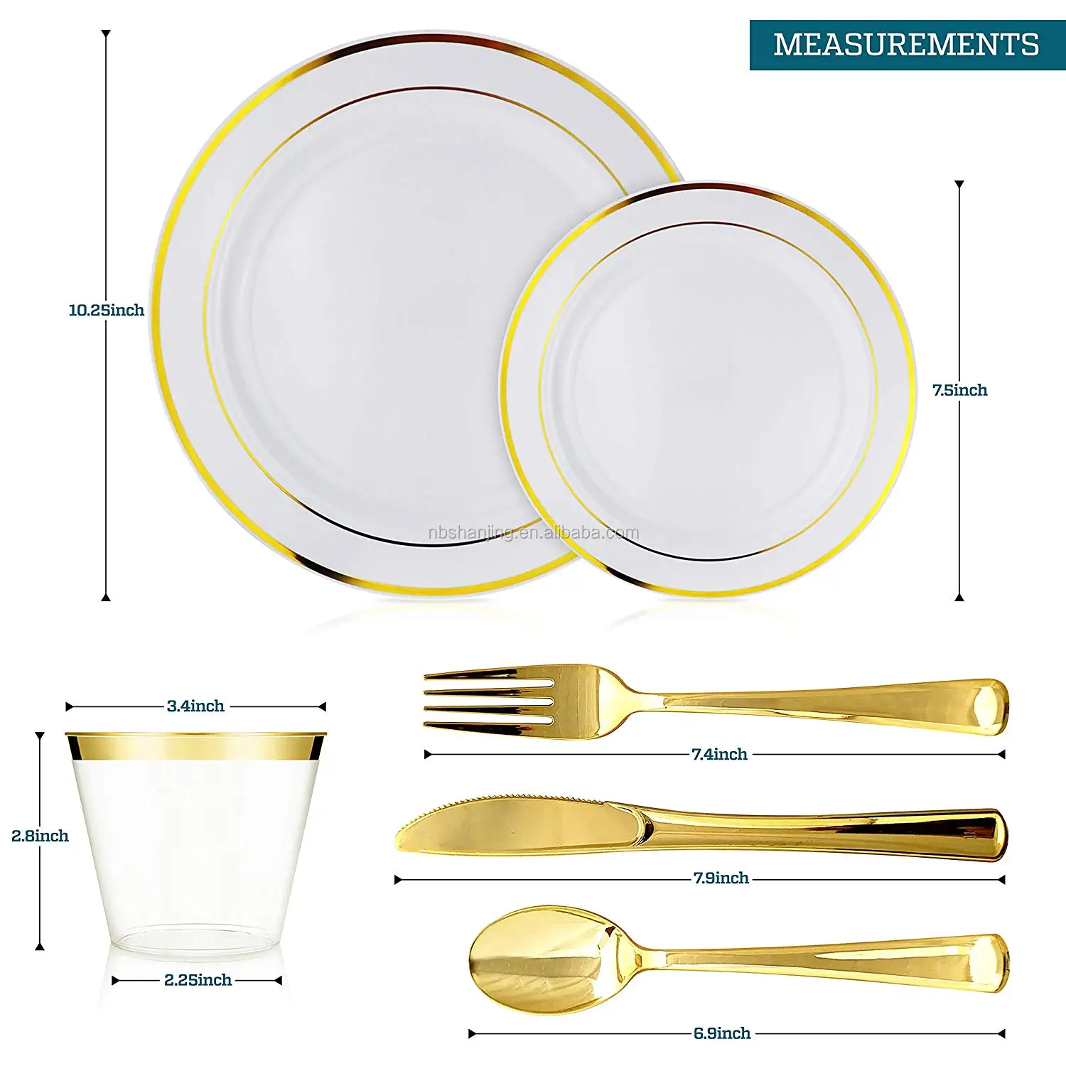Gold Plastic Dinnerware Set 600 Pieces Up to 100 Guests Cups & Cutlery Plates 