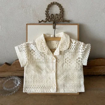 2025 Summer New Style Baby Short-Sleeved Lace Cut Top Casual Western Lapel Sun Protection Shirt for Boys Girls Plaid Shirt