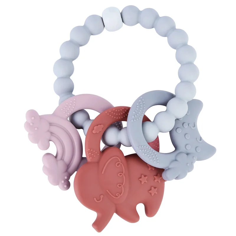 Handmade Animal Pacifier Clip Keys Ring Shape Bracelet Food Grade Silicone Beads Rattle Elephant Silicone Teether