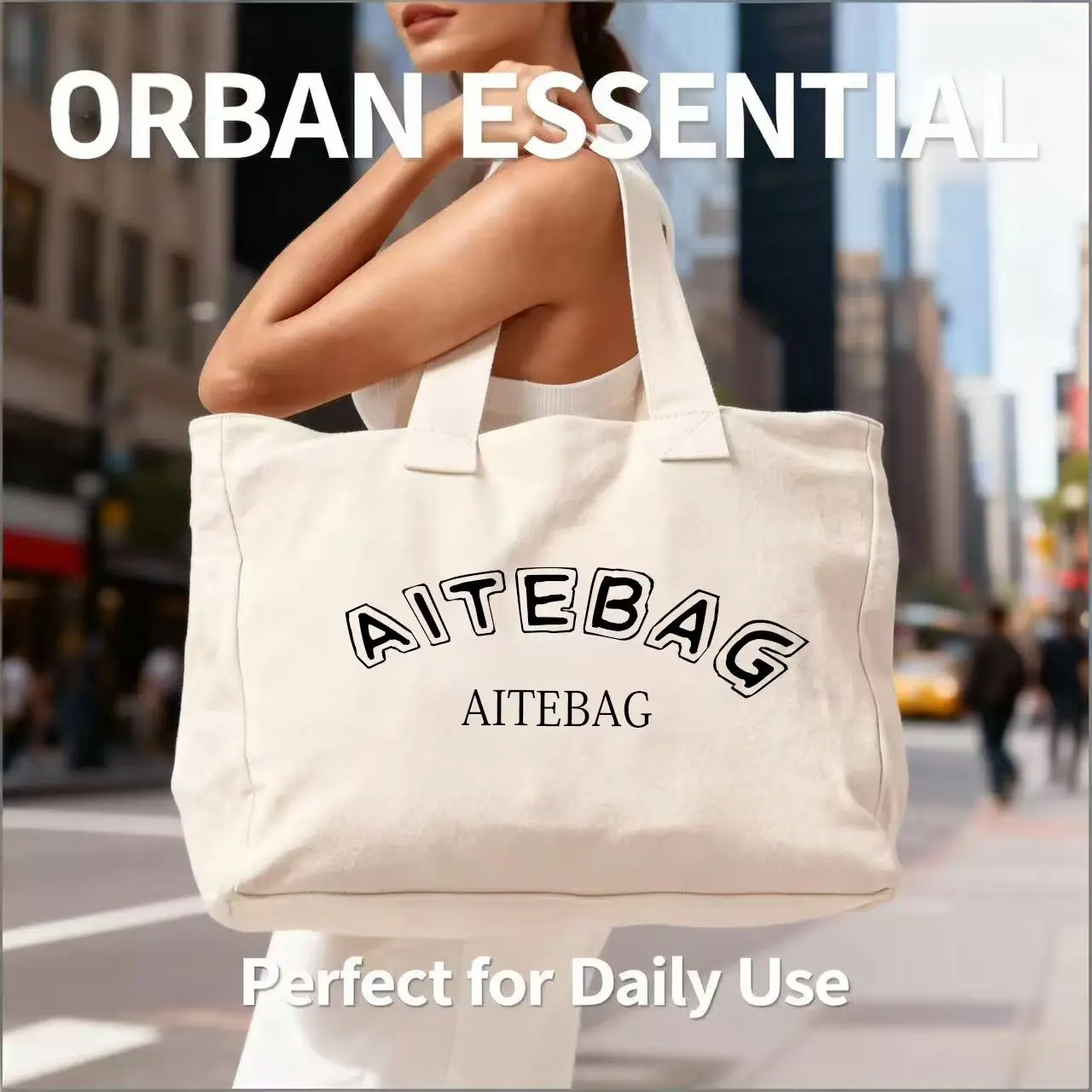 High Quality Cotton Canvas Tote Bag Rope Handle Shoulder Strap Medium Size Fashionable Letter Pattern Custom Logo Heat Transfer details