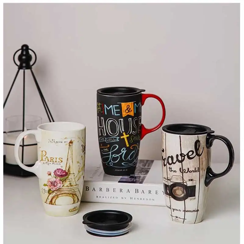 Tall Ceramic Mugs 17 oz. Coffee Cups Sealed Lid Mug With Color Box, Flowers  