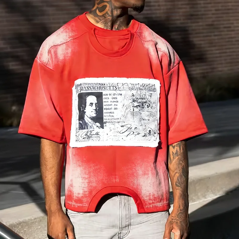 OEM Manufacturer Custom Retro Hip-Hop Short-Sleeved Cotton T-Shirt Cropped Patchwork Embroidery Distressed Tshirts for Men