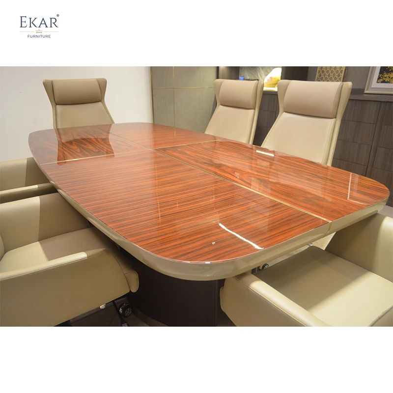 Elegant Veneer Stitched High-Gloss Finish Office Conference Table with Faux Leather Legs and Stainless Steel Accents details