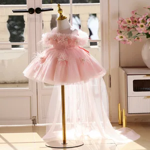 3D Flowers Trailing Princess Dress for Girl Sleeveless Pink Embroidery Birthday Dresses for Girls