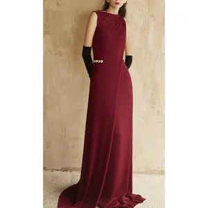 Factory Wholesale Design Party Dress Women Sleeveless Vintage Summer Elegant Wine Red Slim-fit Mandarin Collar High Waist Party
