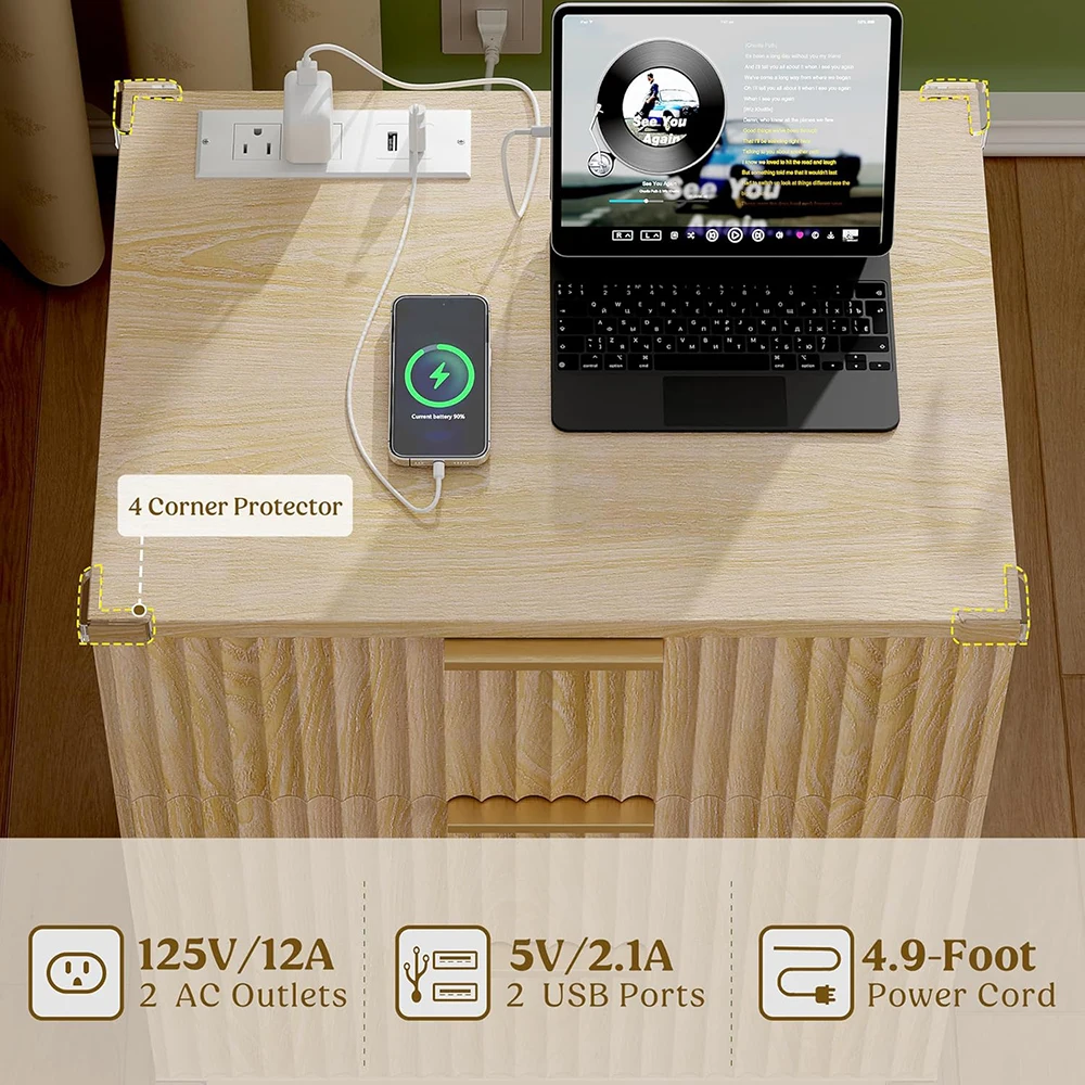 product nu deco wood 3 drawers dresser fluted night stand charging station storage modern side table bedside table bedroom entryway-4