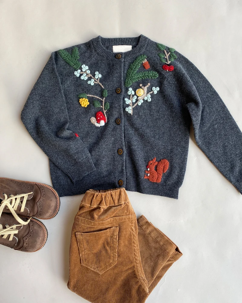 Kids Cashmere Cardigan Sweater with Three-dimensional Hand Embroidery