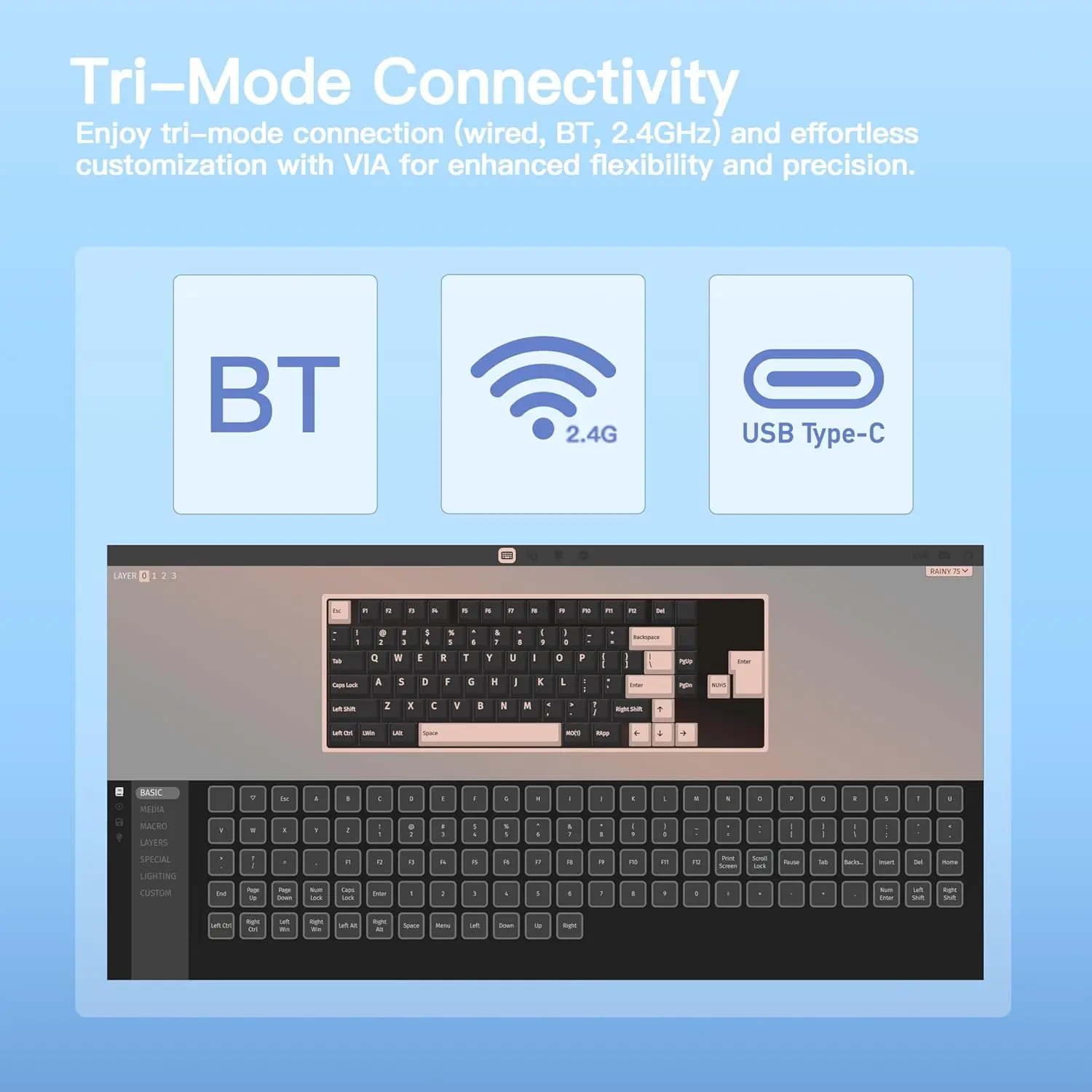 Rainy75 DIY 75% Hot Swap CNC Aluminum RGB Wired Wireless Keyboard