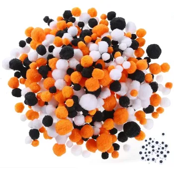 500 Pieces 4 Size Halloween Pom Poms With 4 Size Wiggle Eyes for Halloween DIY Creative Crafts Decorations Black White Orange