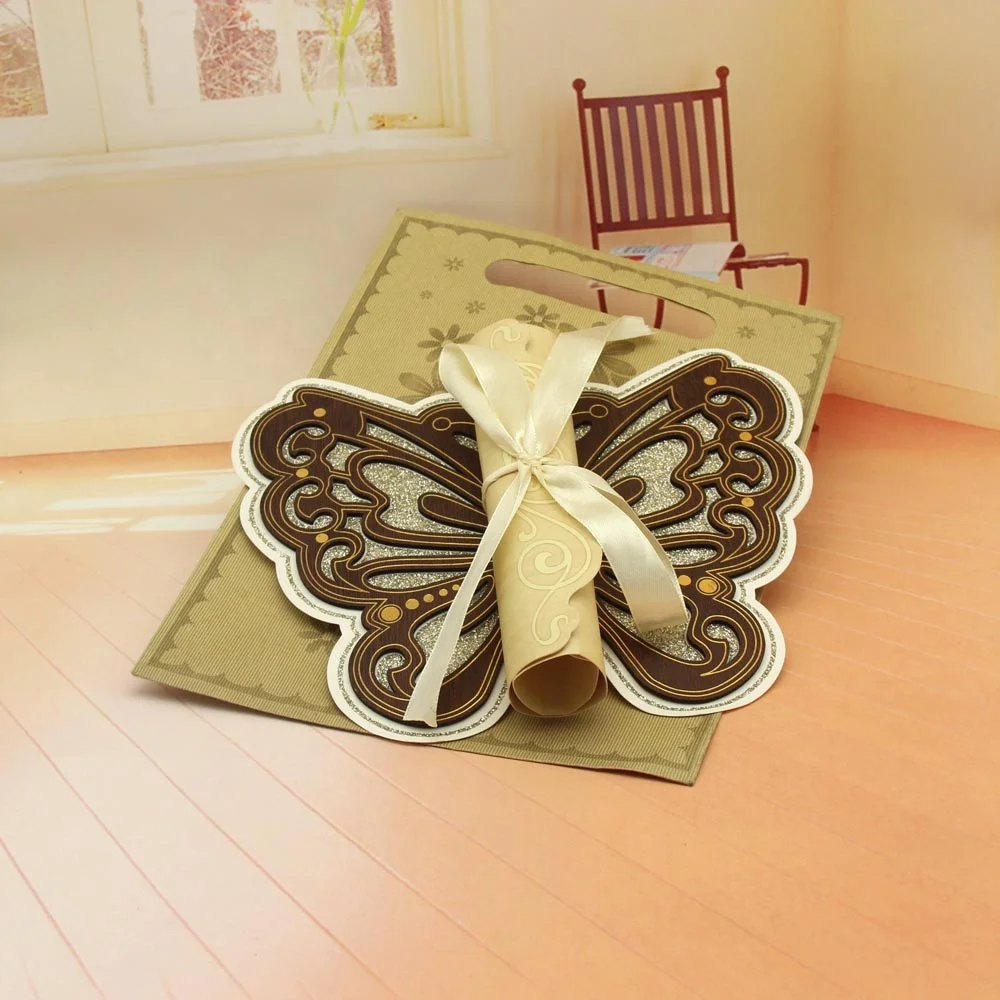 Laser Cut Butterfly Wooden Scroll Wedding Invitations, image size:1000x1000