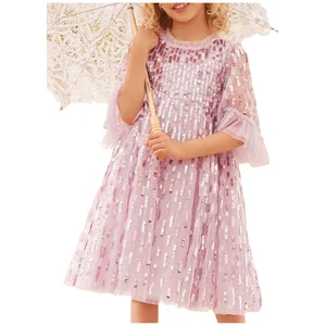 Children's Sweet Pink Sequin Embellished Ruffled Sleeve Evening Dress Girls Kids Fluffy Tulle Princess Gown