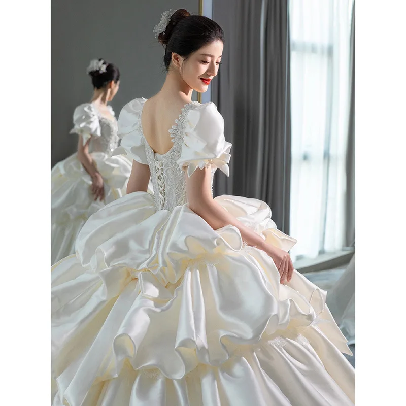 Luxury Satin Boat Neck Bridal Dress - Short Sleeve Ball Gown Luxury Satin Boat Neck Bridal Dress - Short Sleeve Ball Gown