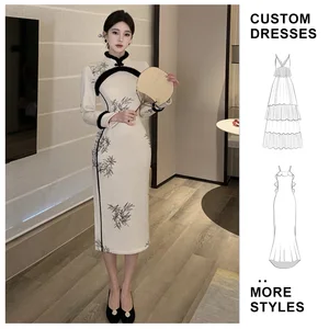 Custom Wholesale Chinese Dress Cheongsam Stand up Collar Knitted Printed Long Dress Elegant Fit Maxi Ladies Long Sleeve Qipao