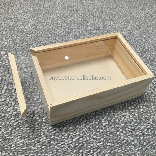 Clear Lid Pine Wood Storage Boxes Gift With Sliding Cover Wooden