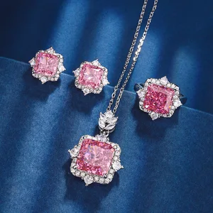 Pink High Carbon Diamond Ice Flower Cut Fine Jewelry Set Stainless Steel Princess Necklace Engagement Ring Earrings-for Gift