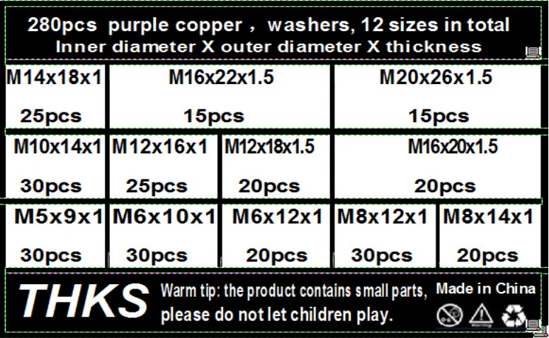 thumbnail image 2 of 280pcs Copper Washer Assortment - 12 Sizes Flat Ring Washers Kit 2 of 12
