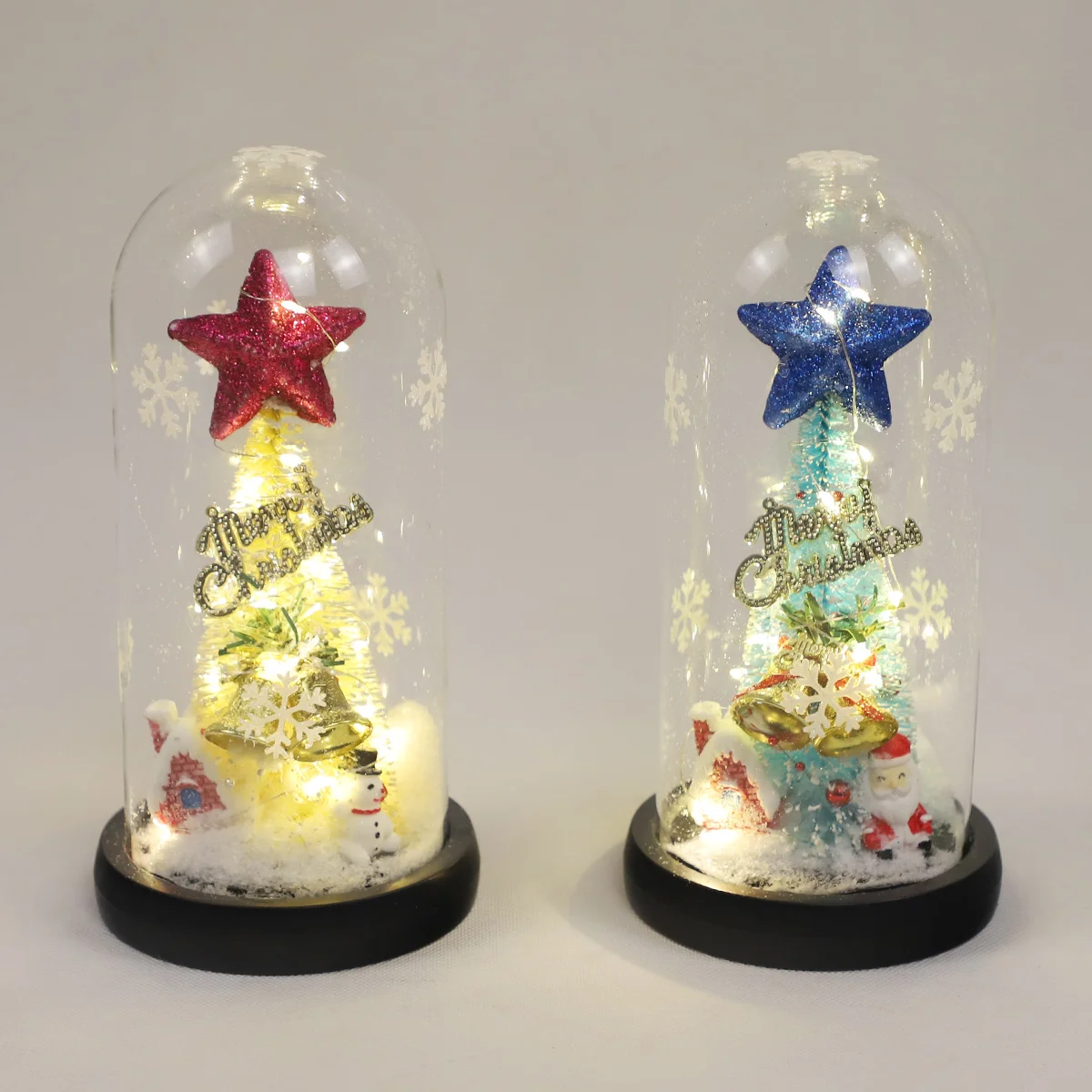 LED String Light Desktop Decoration Lighted Up Christmas Tree in Glass Dome on Wooden Base details