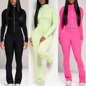 Huili Custom High Quality Zip up Crop Top and Flare Pants Legging Sports Wear Skinny Gym Tracksuits Two Piece Set Women Clothing