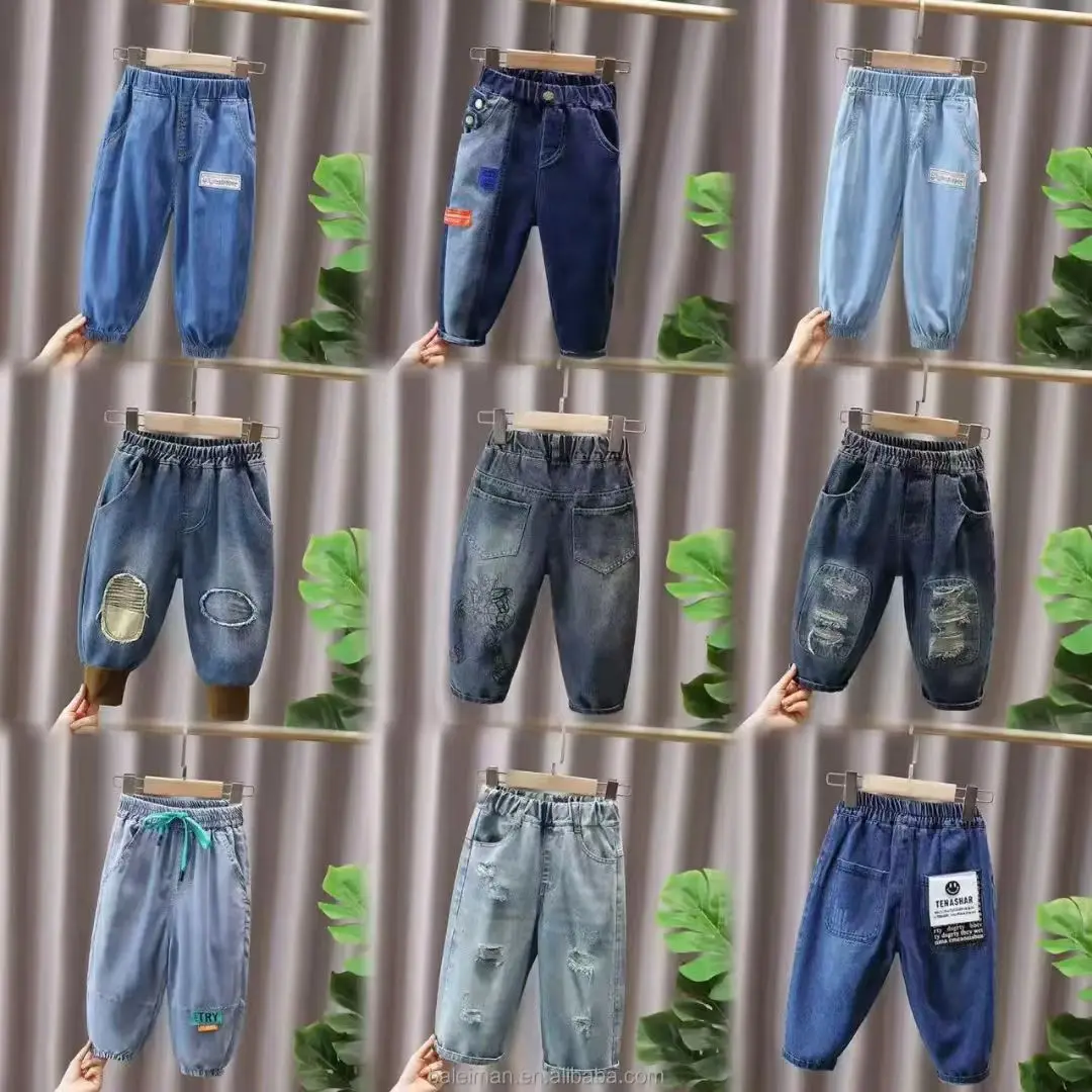 Spring Summer Classic Washed Denim Solid Colour Cotton Boys Kids Jeans Pants