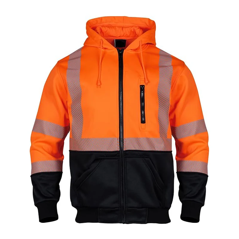 280gsm  Fleeced High Visibility Safety Sweatshirts Zip Closure Hi-Vis Safety Jackets Orange Warm Reflective Work Hoodies