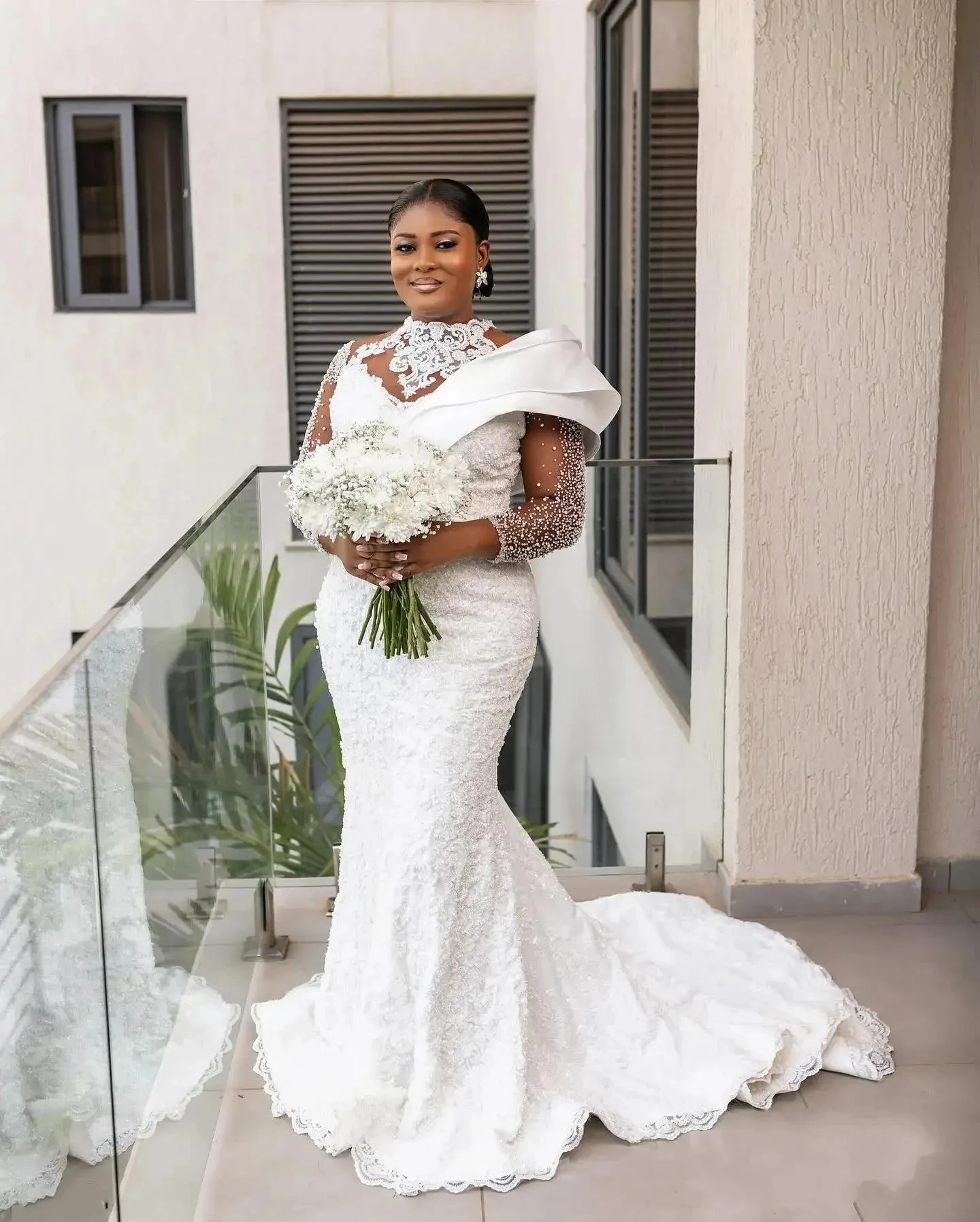 Wholesale Beads Wedding Dress High Collar Mermaid Wedding Dress Long Leeves Church Vintage Bridal Gown,2 Pieces