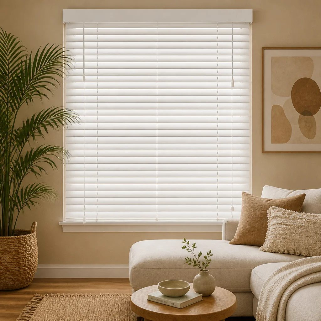 Venetian Blinds 50mm Horizontal White Ladder String Pull Cord Plain Headrail Paulownia Wood Custom Size Everyday Use OEM